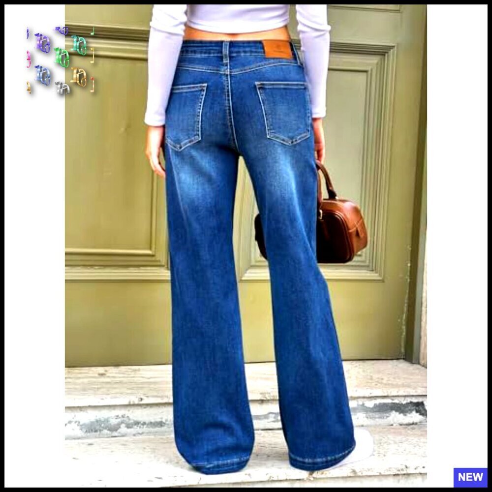 High Waisted Wide Leg Jeans Stretchy Front Seam Denim Pants Y2K Chic - Picture 3 of 7